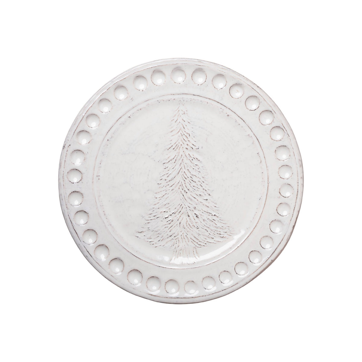 Abigails' Christmas Tree Dinner Plate: A timeless off-white heirloom with carved trees and circular edges, handmade in Italy.