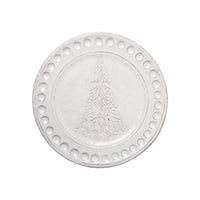 Abigails' Christmas Tree Dinner Plate: A timeless off-white heirloom with carved trees and circular edges, handmade in Italy.