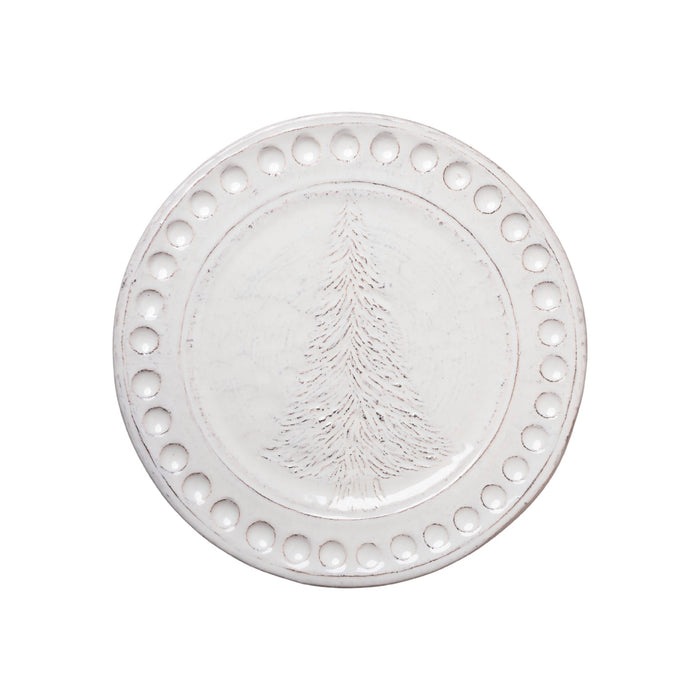 Abigails' Christmas Tree Dinner Plate: A timeless off-white heirloom with carved trees and circular edges, handmade in Italy.
