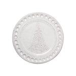 Abigails' Christmas Tree Dinner Plate: A timeless off-white heirloom with carved trees and circular edges, handmade in Italy.