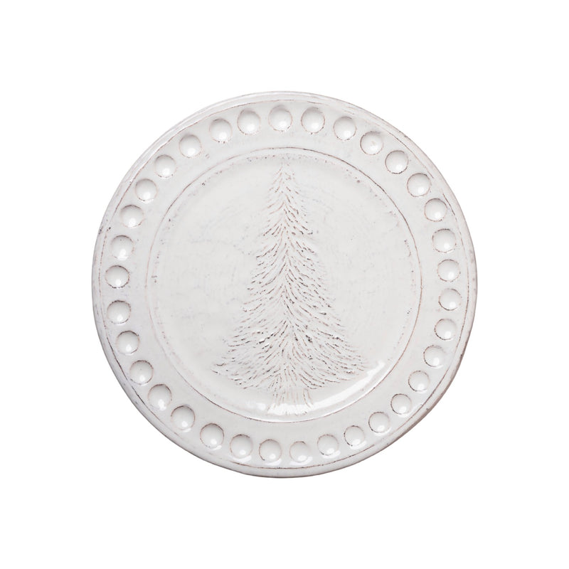 Abigails' Christmas Tree Dinner Plate: A timeless off-white heirloom with carved trees and circular edges, handmade in Italy.