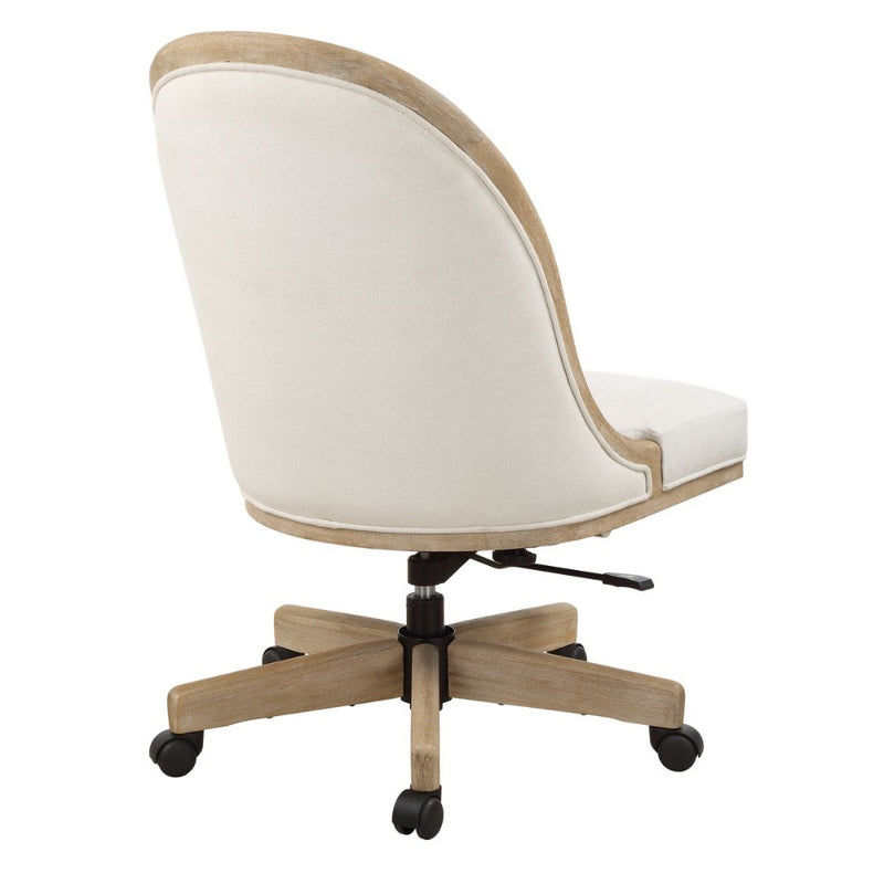 The Uttermost Lithe Desk Chair features beige upholstery, a solid wood frame, and five rolling casters, rear view shown.