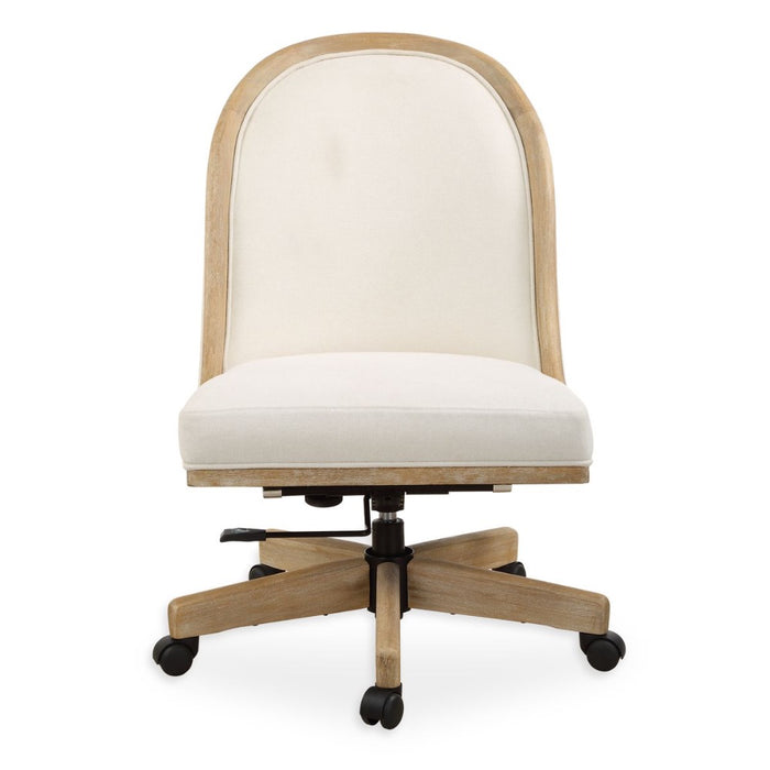 The Lithe Desk Chair by Uttermost features a solid wood frame, white cushion seat, and five rolling casters.