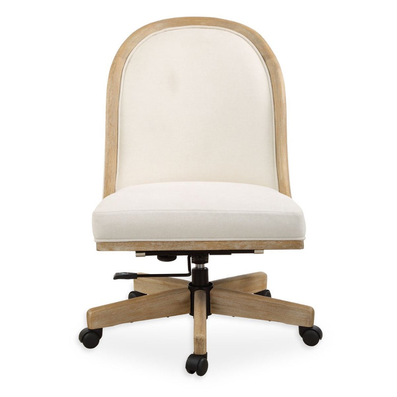 The Lithe Desk Chair by Uttermost features a solid wood frame, white cushion seat, and five rolling casters.