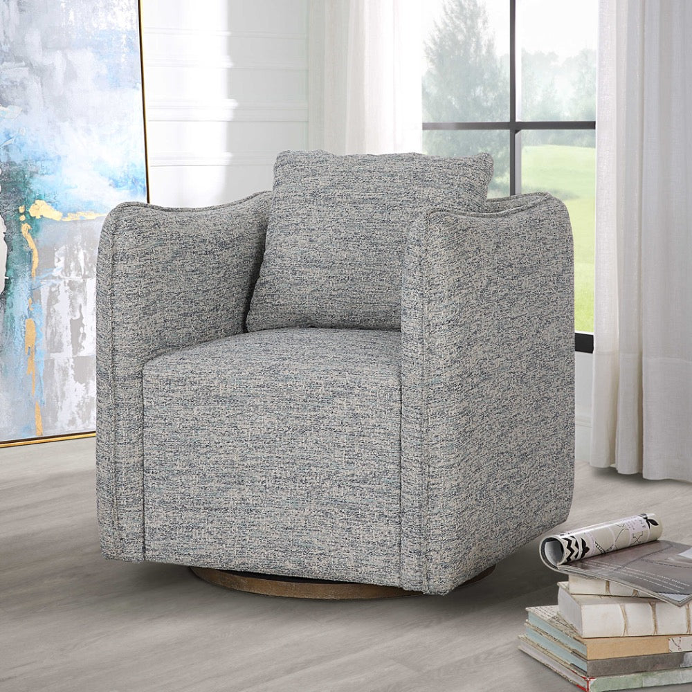 framed chair swivel blue white tweed upholstered trim edge birch base