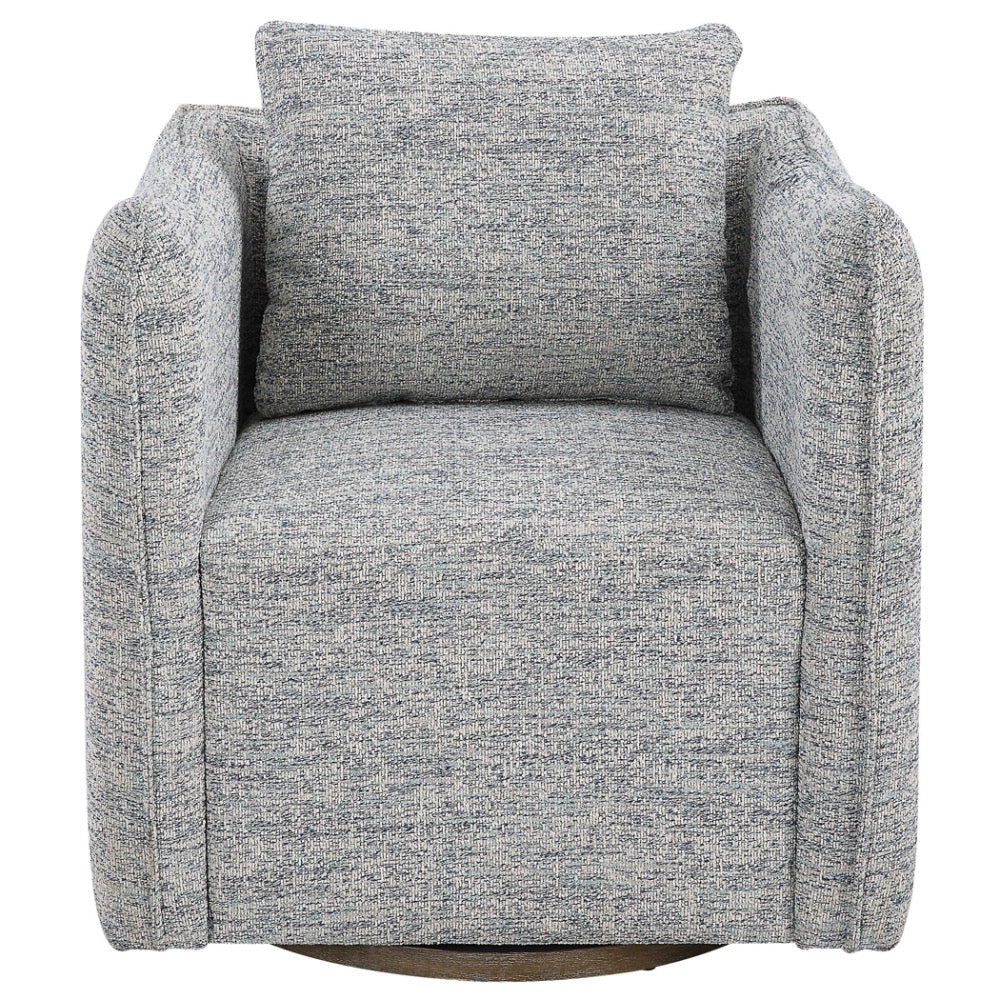 framed chair swivel blue white tweed upholstered trim edge birch base
