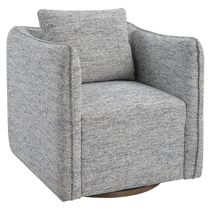 framed chair swivel blue white tweed upholstered trim edge birch base