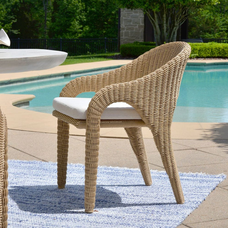 outdoor dining arm chair natural wicker frame white upholstered seat 
