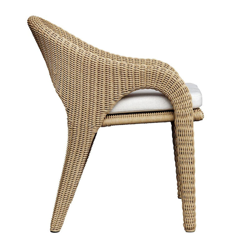 outdoor dining arm chair natural wicker frame white upholstered seat 
