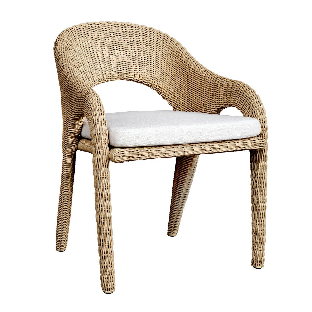 outdoor dining arm chair natural wicker frame white upholstered seat 