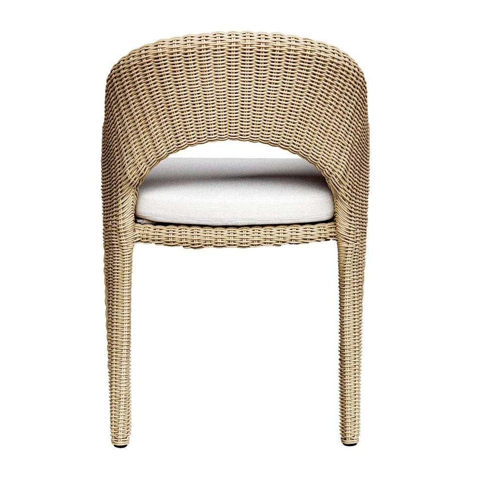 outdoor dining arm chair natural wicker frame white upholstered seat 