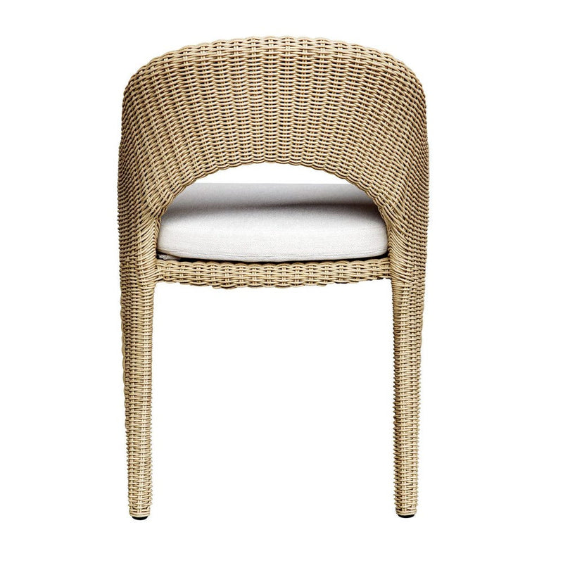 outdoor dining arm chair natural wicker frame white upholstered seat 