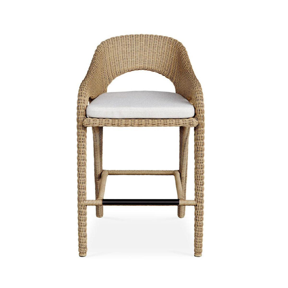 Wicker bar stool with a white cushion on a white background
