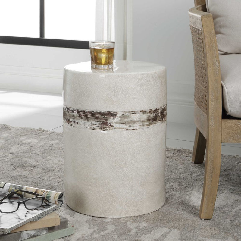 accent table garden stool off-white crackle glaze distressed rust textured band