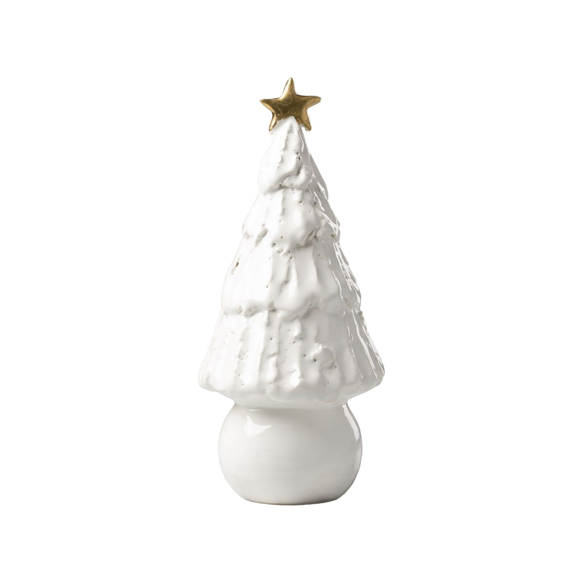 Ceramic white christmas tree with gold star and a round bulb bottom