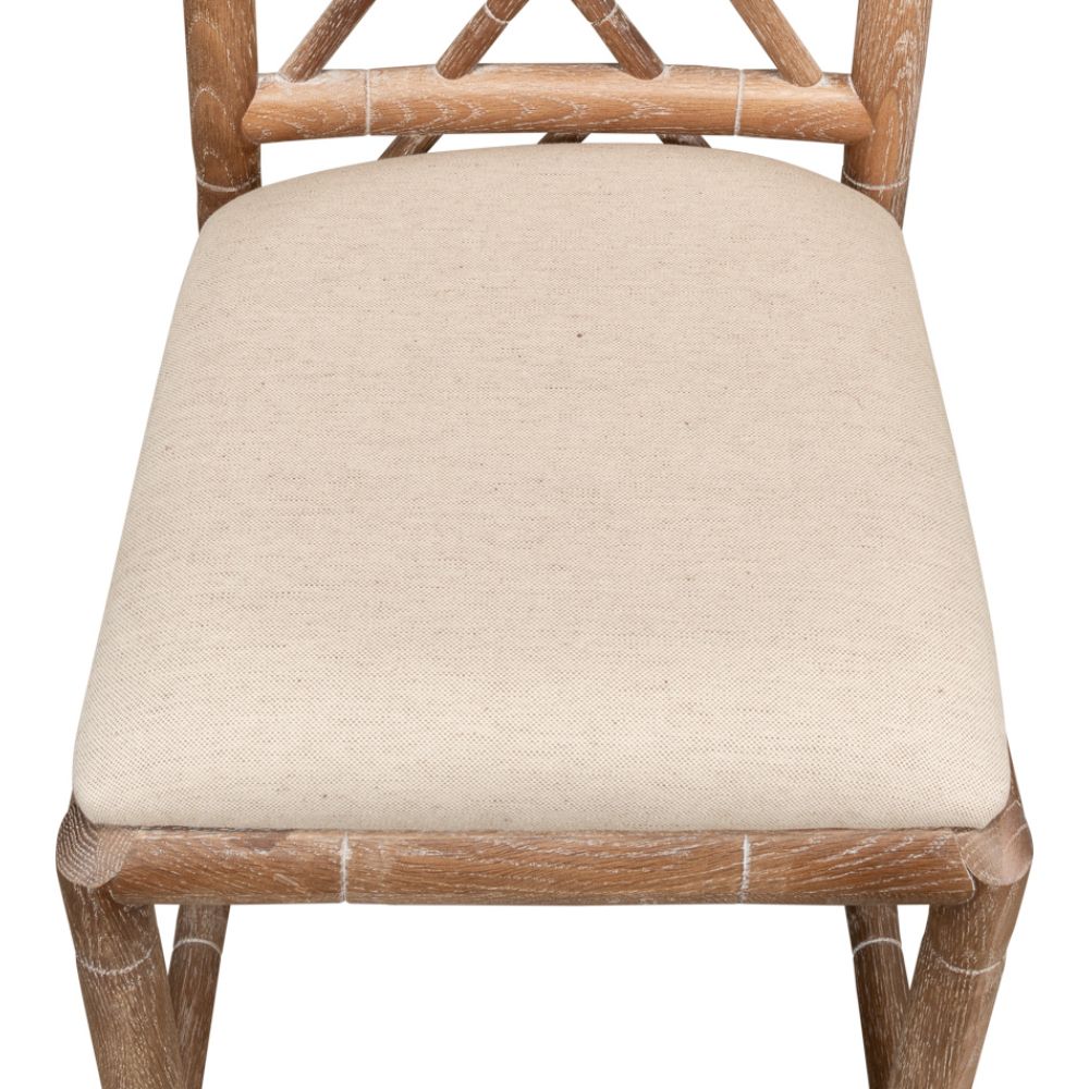 Brighton Bamboo Whitewashed Oak Side Chairs by Sarreid, Ltd., set of 2, with neutral linen seats shown from above.