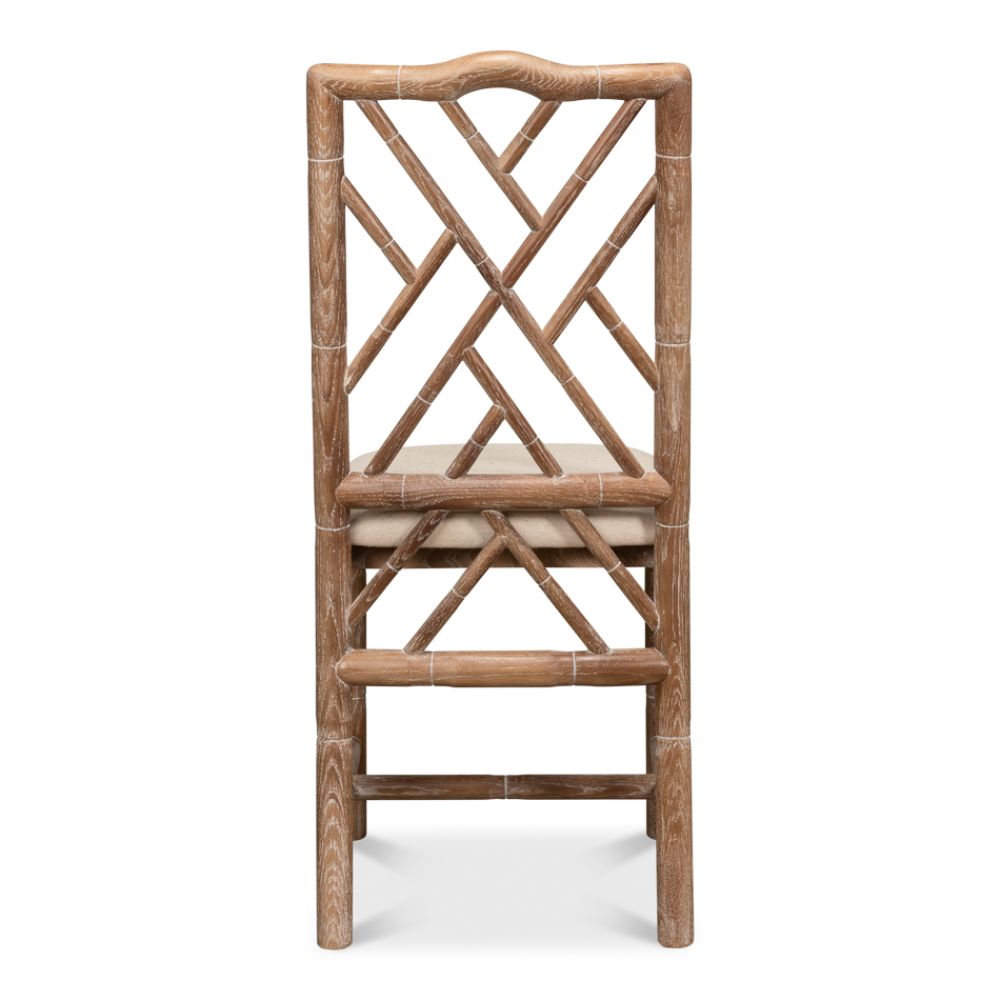 Sarreid, Ltd. Brighton Bamboo Whitewashed Oak Side Chairs (set of 2) with crisscross back and linen seat.