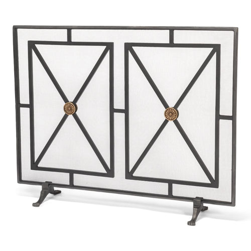 fireplace screen iron panel mesh square triangles bronze brass geometric contemporary modern stand