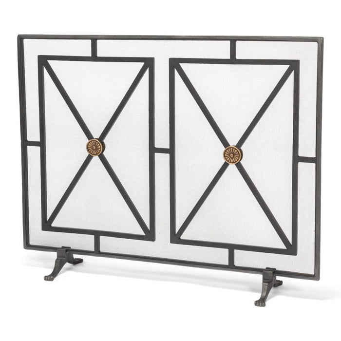 fireplace screen iron panel mesh square triangles bronze brass geometric contemporary modern stand