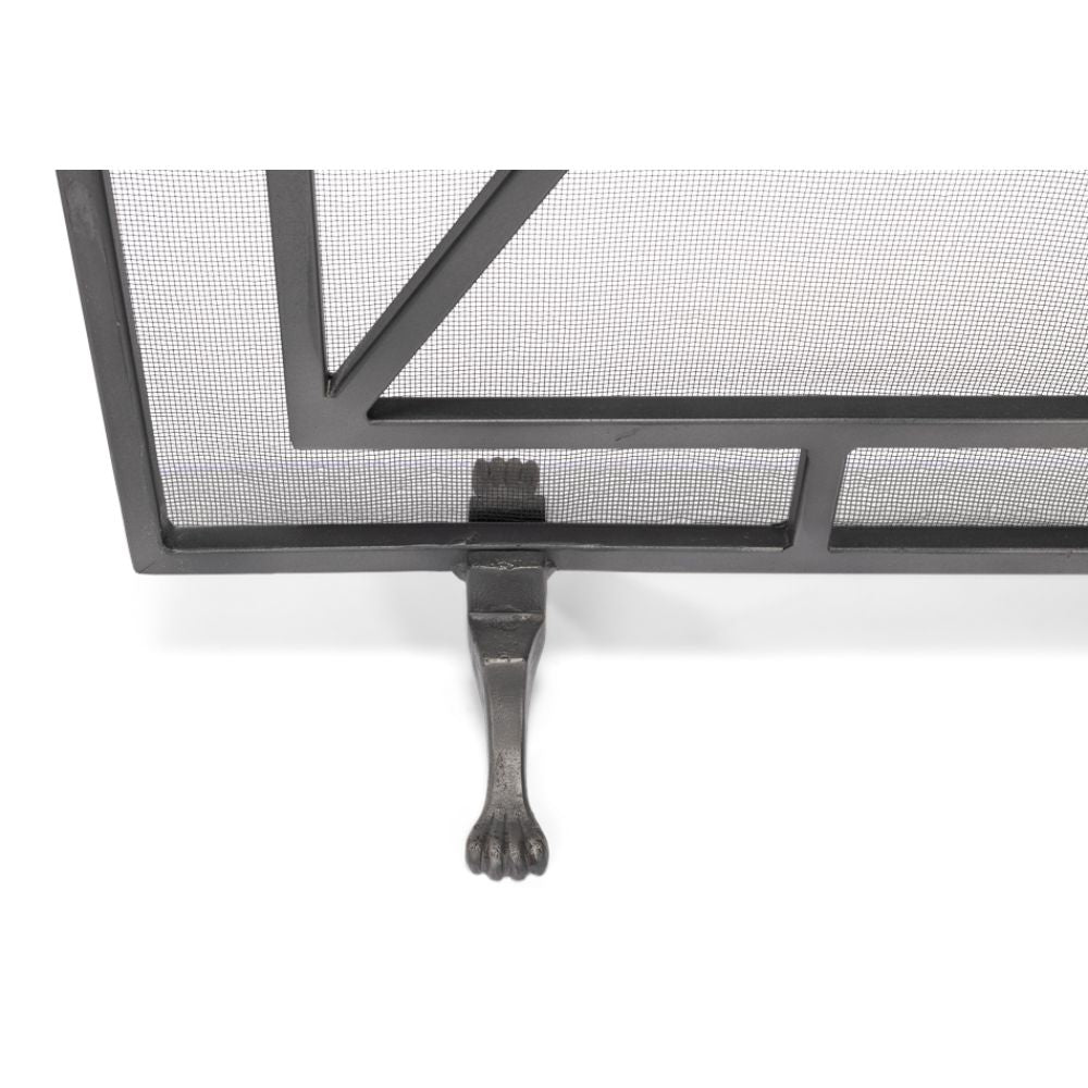 fireplace screen iron panel mesh square triangles bronze brass geometric contemporary modern stand
