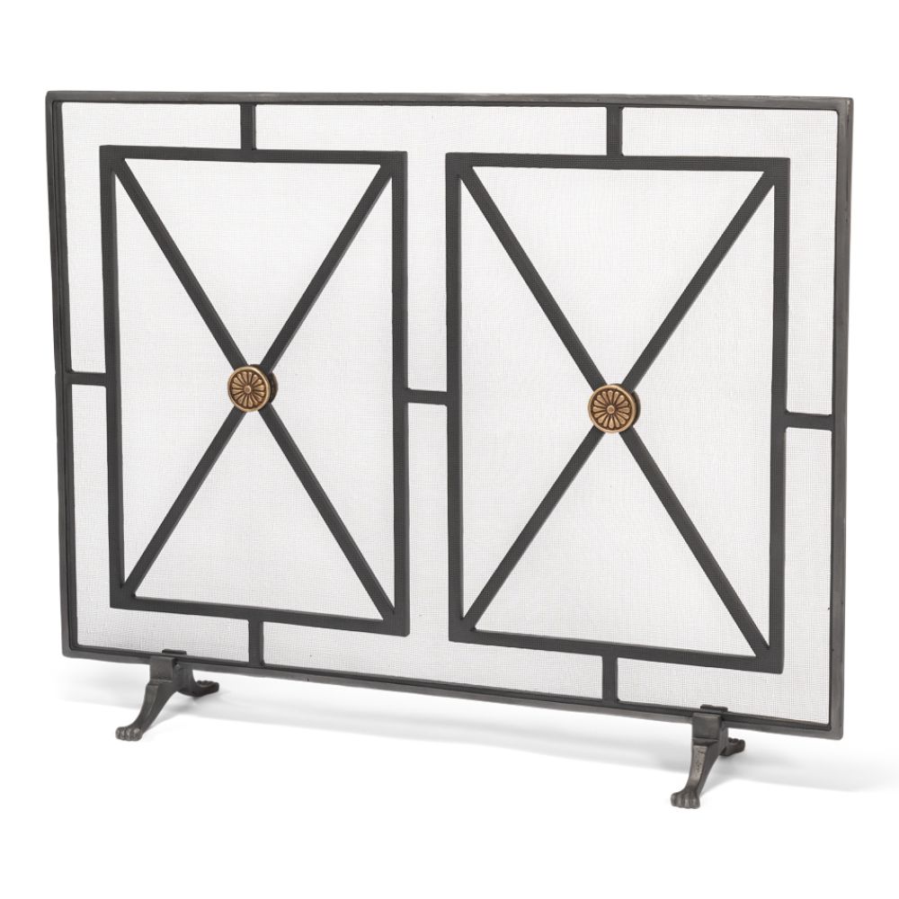 fireplace screen iron panel mesh square triangles bronze brass geometric contemporary modern stand