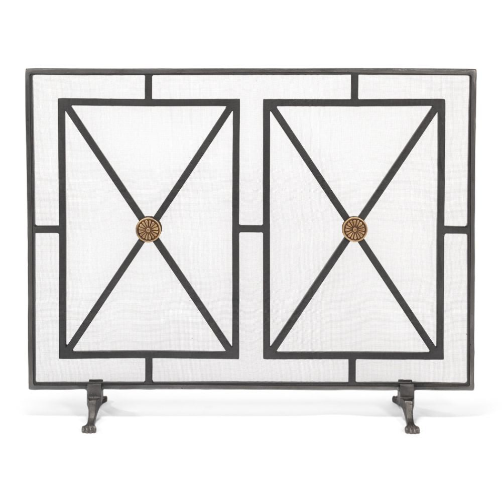 fireplace screen iron panel mesh square triangles bronze brass geometric contemporary modern stand