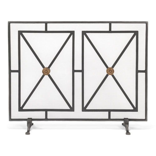 fireplace screen iron panel mesh square triangles bronze brass geometric contemporary modern stand