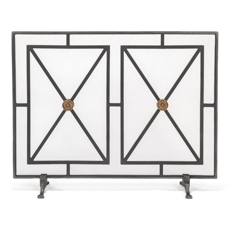 fireplace screen iron panel mesh square triangles bronze brass geometric contemporary modern stand