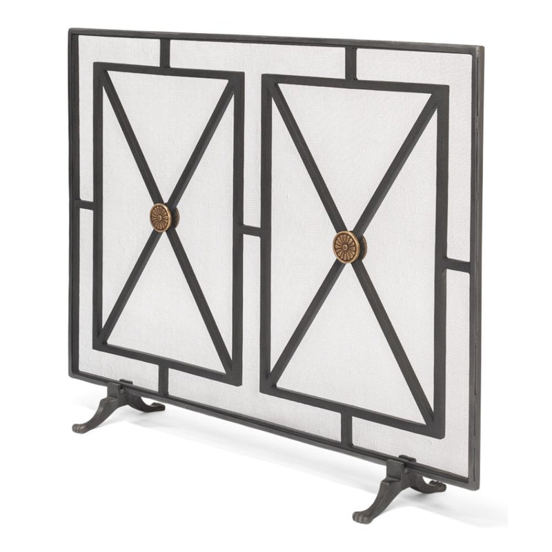 fireplace screen iron panel mesh square triangles bronze brass geometric contemporary modern stand