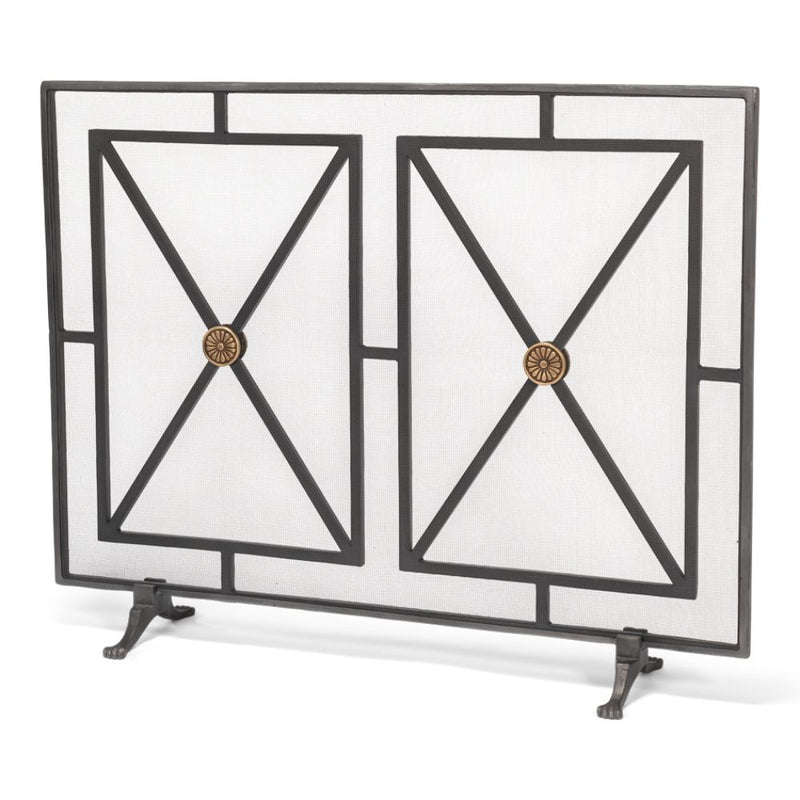 fireplace screen iron panel mesh square triangles bronze brass geometric contemporary modern stand