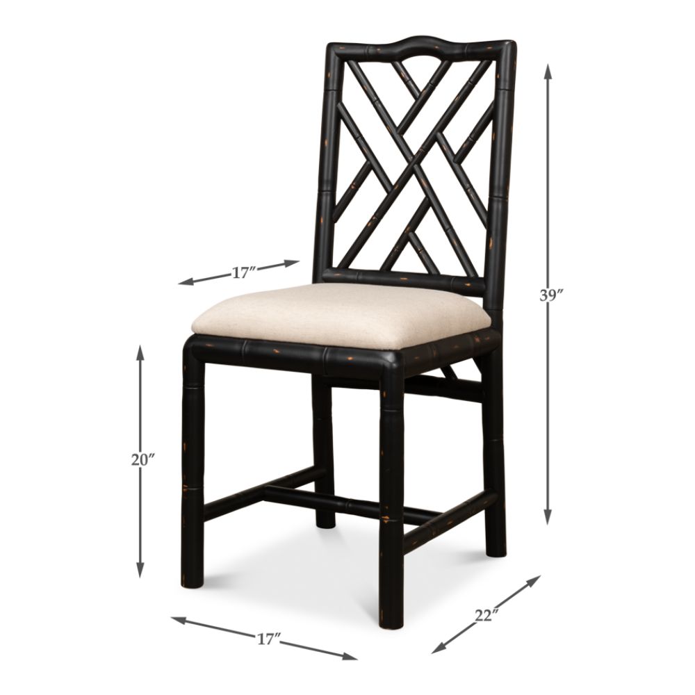 Brighton Bamboo Black Side Chairs by Sarreid feature a beige cushion, crisscross backrest, and wooden frame.
