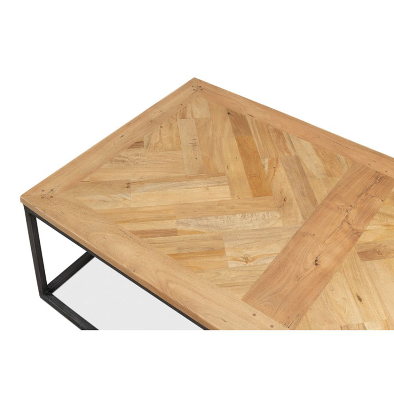 cocktail coffee rectangle table iron frame parquet wood natural