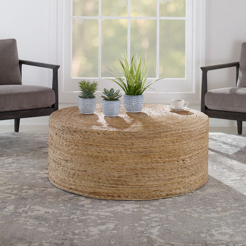 coffee table round natural woven banana plant coastal