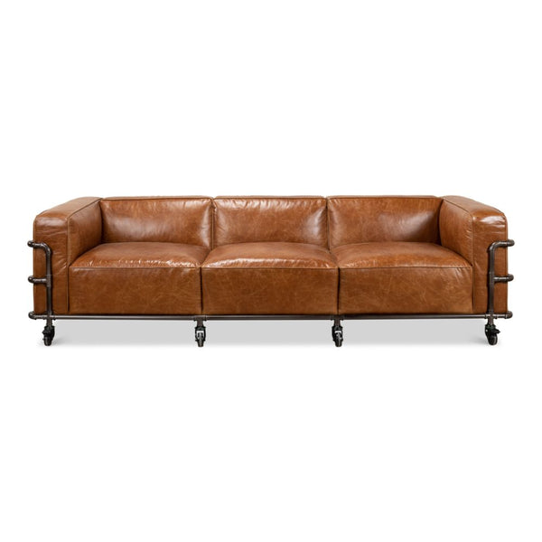 couch sofa brown leather iron casters 3-section metal frame transitional