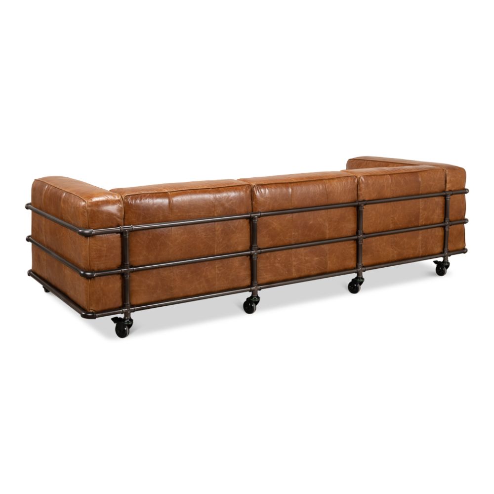 couch sofa brown leather iron casters 3-section metal frame transitional