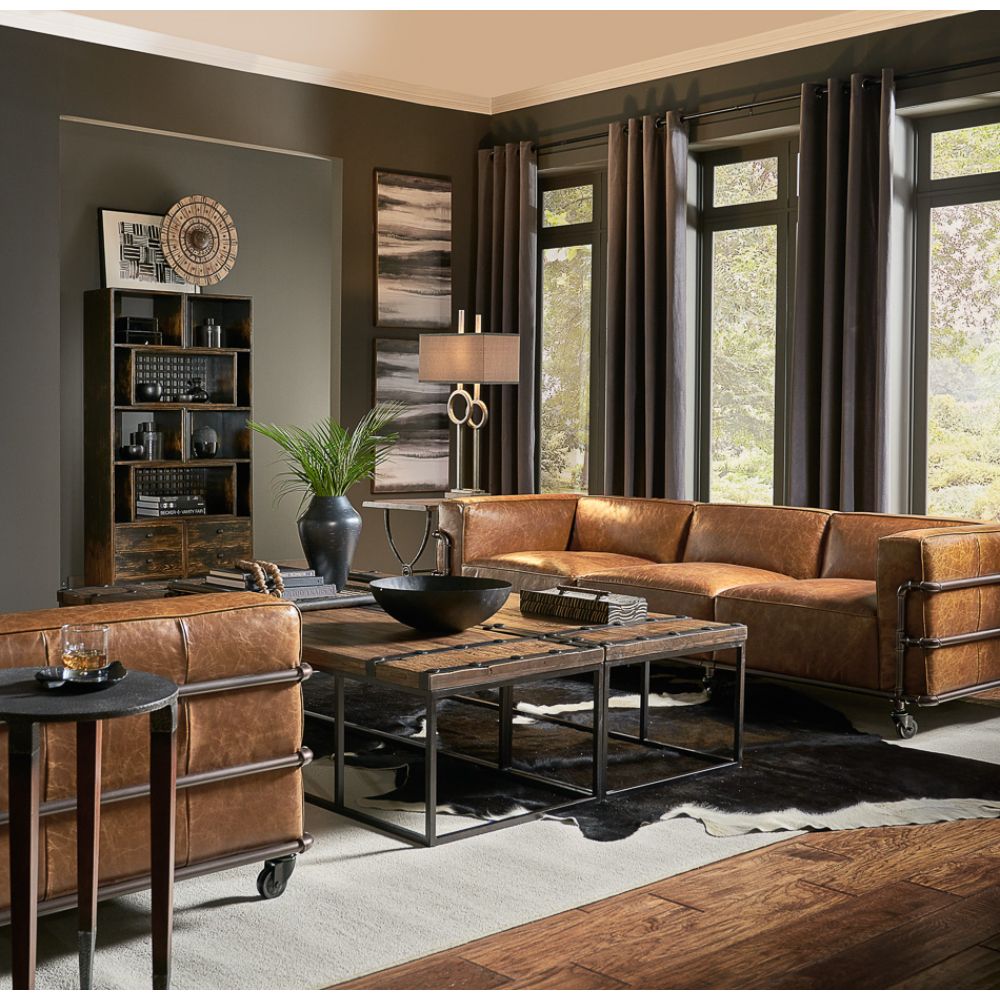 couch sofa brown leather iron casters 3-section metal frame transitional