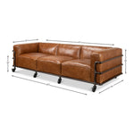 couch sofa brown leather iron casters 3-section metal frame transitional