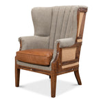 Sarreid, Ltd. chair wingback diamond tufting back brown leather seat cushion wood frame burlap inserts turned front legs casters