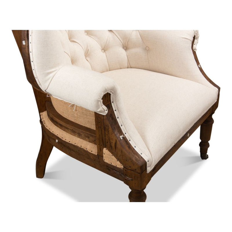 Sarreid, Ltd. chair wingback diamond tufting back white linen nail tacks wood frame burlap inserts tuned front legs casters