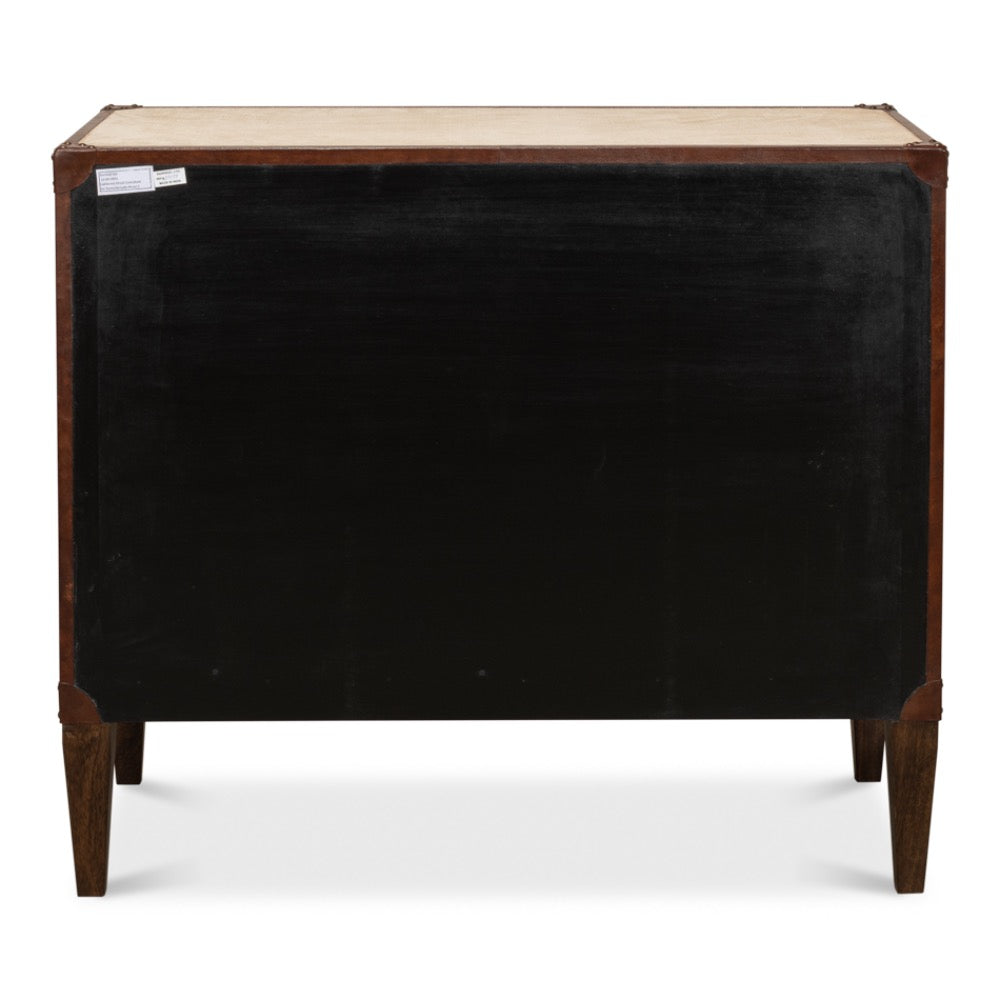 canvas leather brass three drawer deco chest