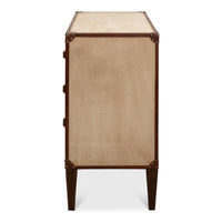 canvas leather brass three drawer deco chest