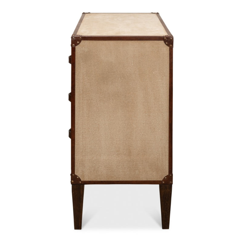 canvas leather brass three drawer deco chest