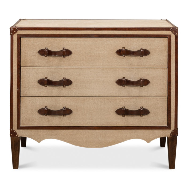 canvas leather brass three drawer deco chest
