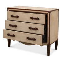 canvas leather brass three drawer deco chest