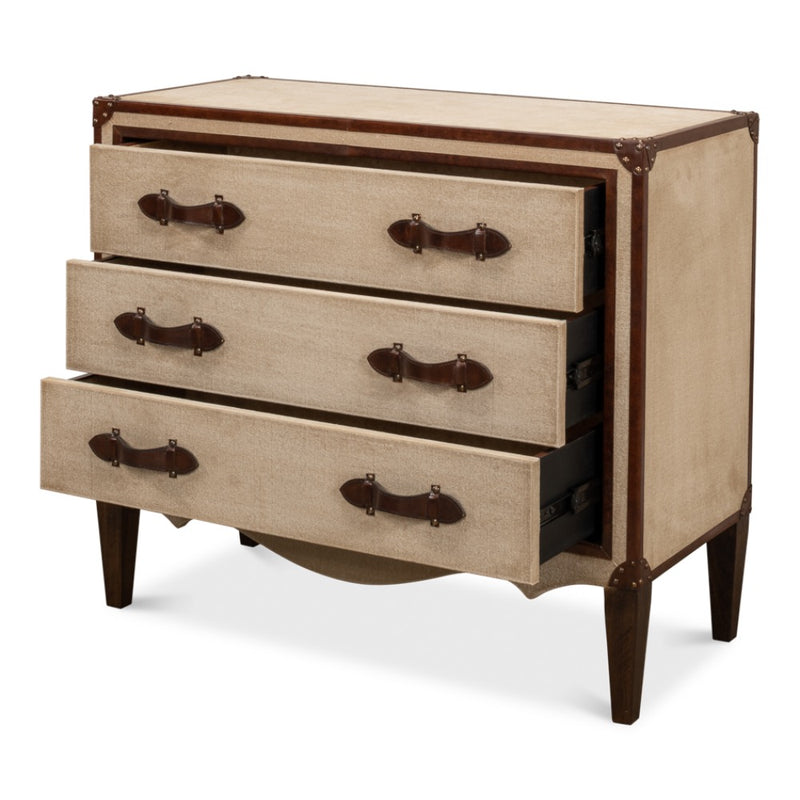 canvas leather brass three drawer deco chest