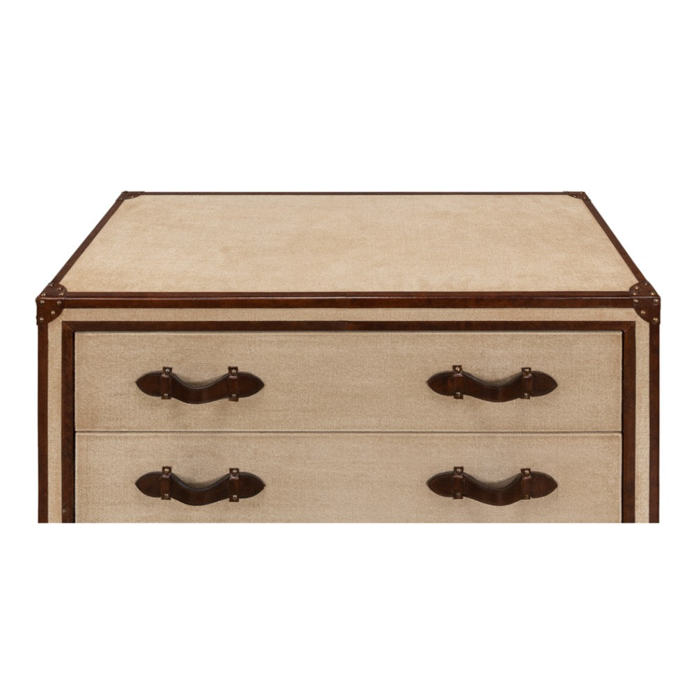 canvas leather brass three drawer deco chest
