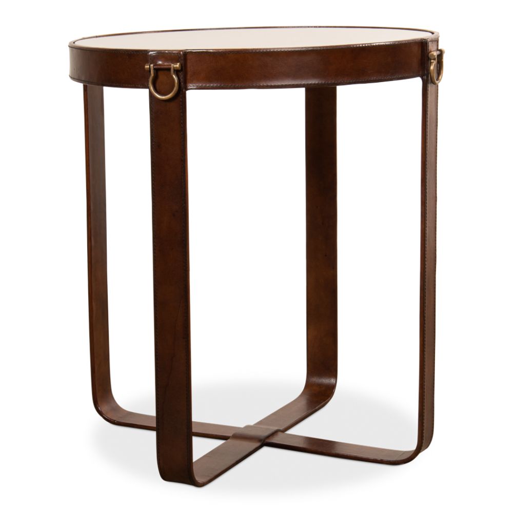 side accent table glass leather brass transitional