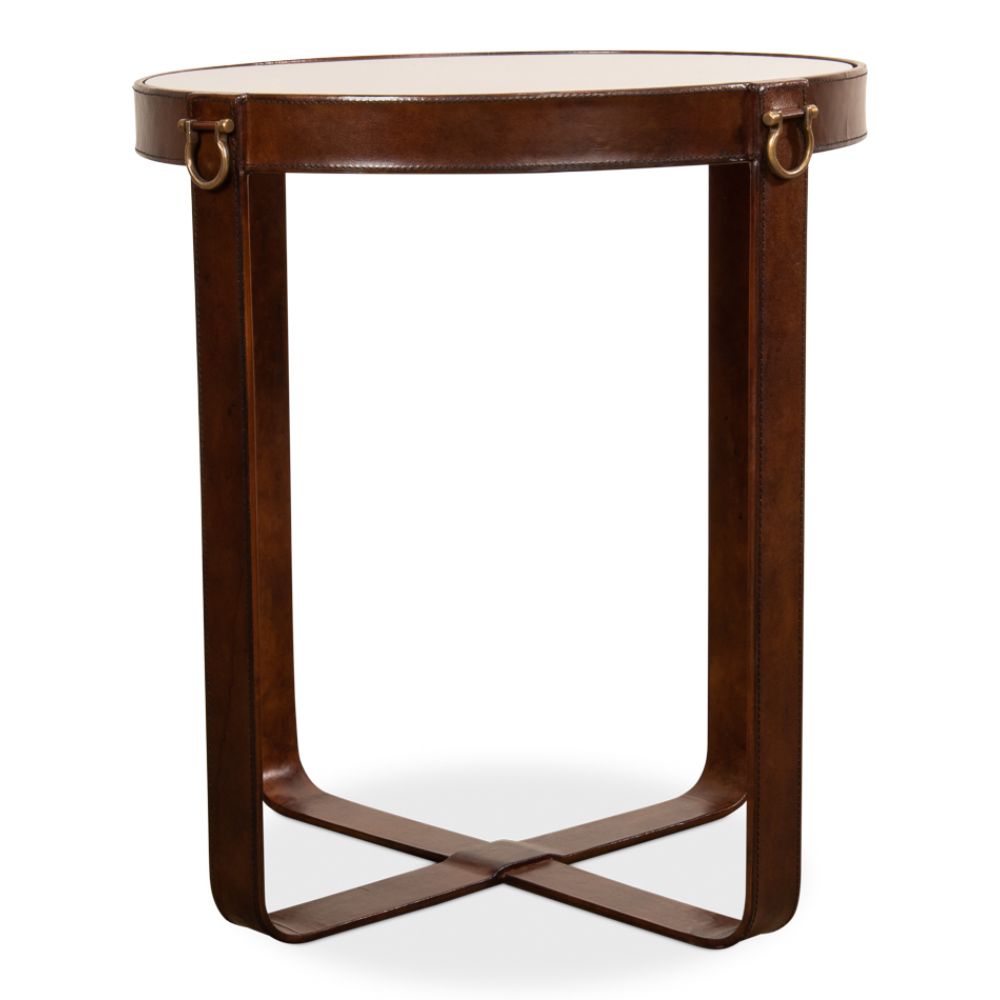 side accent table glass leather brass transitional