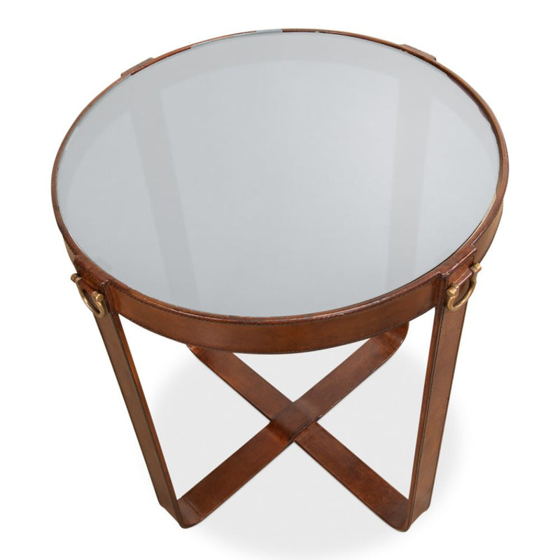 side accent table glass leather brass transitional