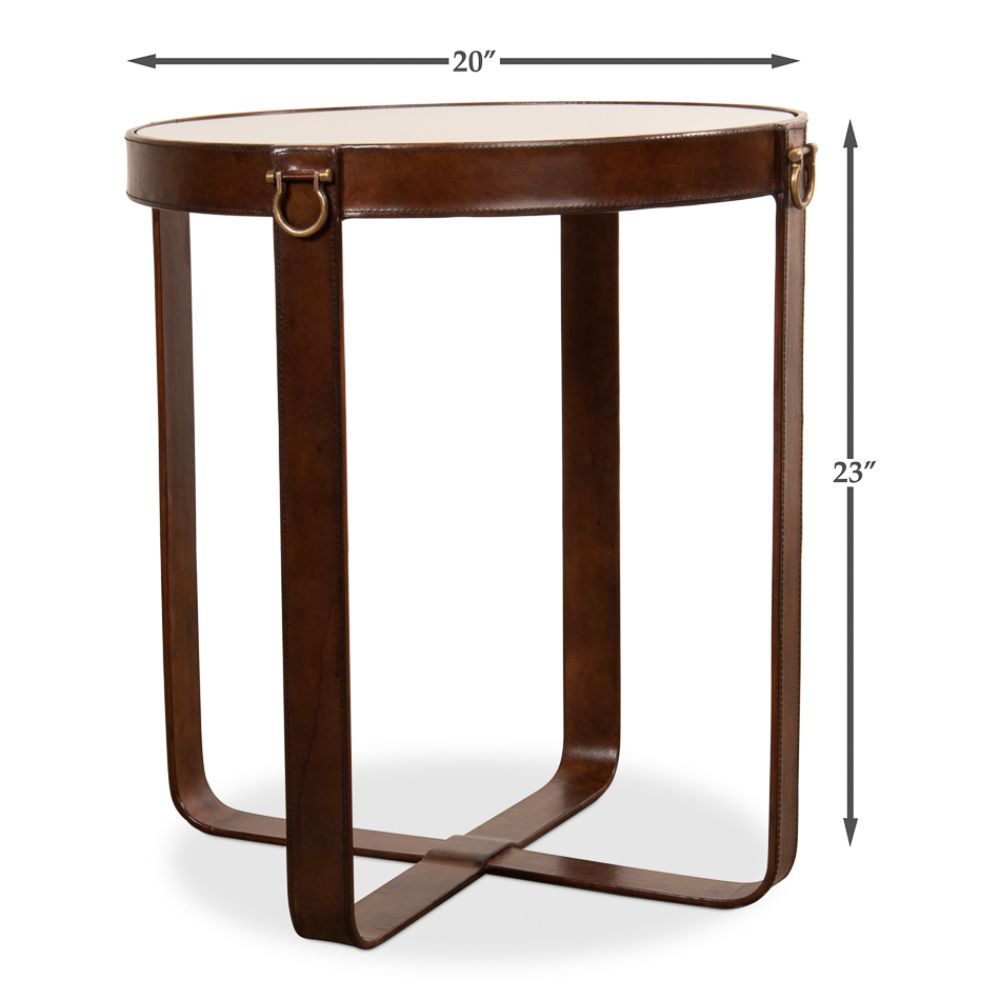 side accent table glass leather brass transitional